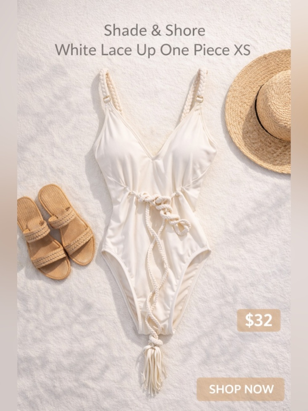 Shade & Shore White One Piece Swimsuit XS NWT Lace Up Back Minimal